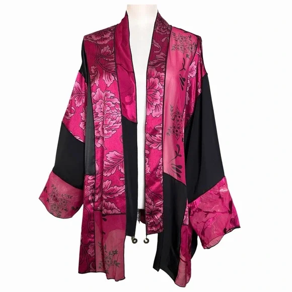Units Vintage Silk Blend Kimono 1X Pink Black Floral Open Jacket Whimsigoth - Picture 4 of 10